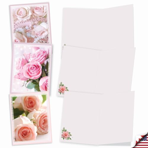 The Best Card Company - 20 Assorted Blank Note Cards Boxed Set 4 x 5.12 Inch with Envelopes (10 Designs, 2 Each) - Pink Roses AM10311OCB-B2x10