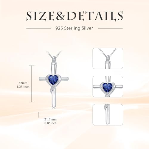 TOUPOP Cross Urn Necklaces for Ashes Birthstone Cremation Jewelry 925 Sterling Silver Cross Memorial Keepsake Funeral Jewelry for Women (with Funnel Filler) - color: 09-September-Sapphire