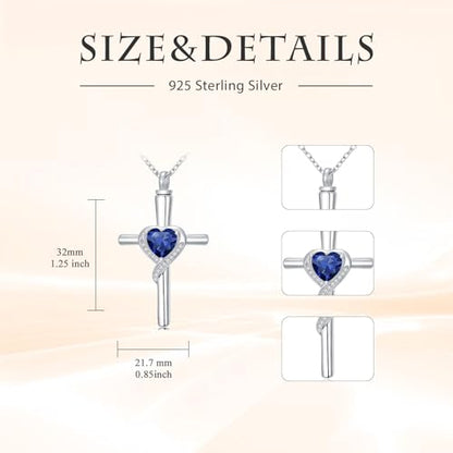 TOUPOP Cross Urn Necklaces for Ashes Birthstone Cremation Jewelry 925 Sterling Silver Cross Memorial Keepsake Funeral Jewelry for Women (with Funnel Filler) - color: 09-September-Sapphire