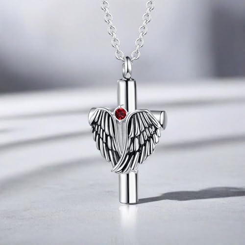 Angel Wing Cross Urn Necklace for Ashes Birthstone Stainless Steel Cremation Jewelry Women Men - color: Jan