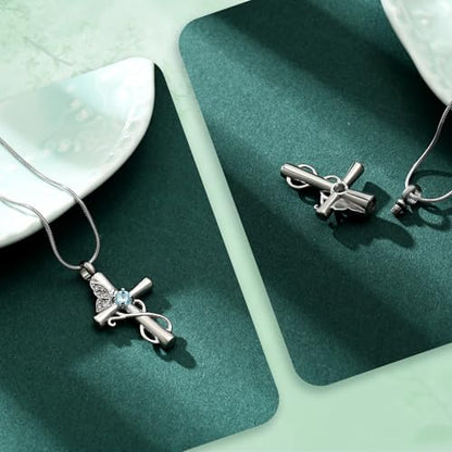Butterfly Cross Cremation Jewelry Urn Necklaces Cross Butterfly Urn Necklaces for Ashes Memorial Keepsake Pendant for Women Men Gifts With Funnel Kit & Bag - color: Silver+LightBlue
