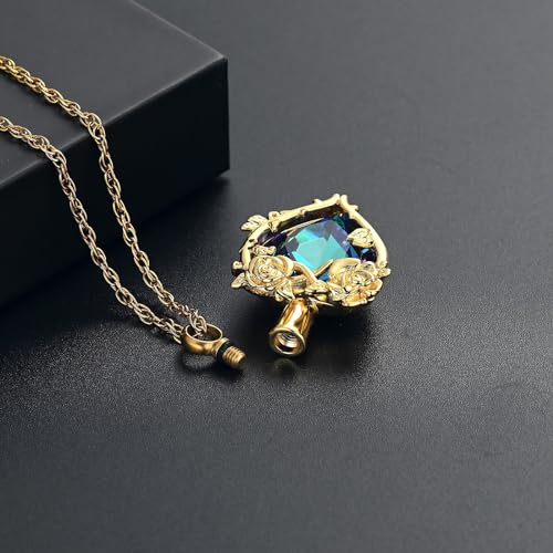 Cremation Jewelry for Ashes Rose Flower Urn Necklace with Crystal Heart Ashes Pendant Butterfly Necklaces for Women Men Memorial Keepsake Jewelry Gift - color: Gold-blue