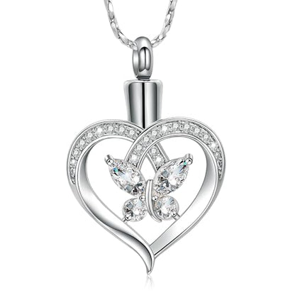 Imrsanl Butterfly Heart Pendant Cremation Urn Necklace for Women - color: Silver-White
