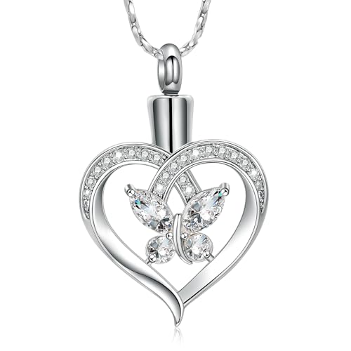 Imrsanl Butterfly Heart Pendant Cremation Urn Necklace for Women - color: Silver-White