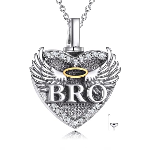 Family Members Urn Necklace for Ashes 925 Sterling Silver Angel Wings Heart Cremation Memorial Keepsake Pendant Jewelry for Loved One's Ashes, with 18" + 2" Stainless Steel Chain - style: Heart-Brother