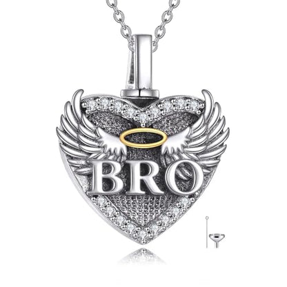 Family Members Urn Necklace for Ashes 925 Sterling Silver Angel Wings Heart Cremation Memorial Keepsake Pendant Jewelry for Loved One's Ashes, with 18" + 2" Stainless Steel Chain - style: Heart-Brother