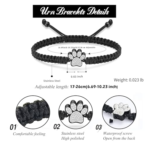 Hearbeingt Paw Print Urn Bracelet for Ashes Pet Cremation Jewelry | Stainless Steel,Adjustable Braided Rope,Mini Ash Holder for Dog Cat,Memorial Keepsake Jewelry, Bereavement Gift Pet Loss - color: A-Black