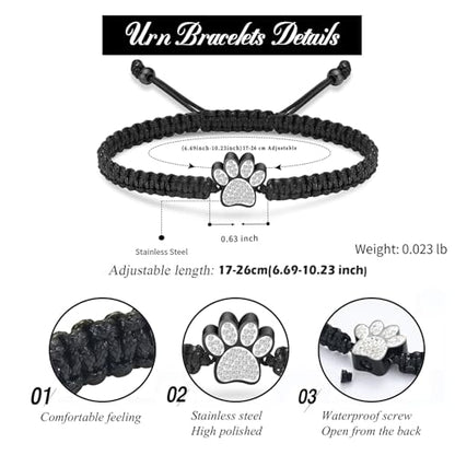 Hearbeingt Paw Print Urn Bracelet for Ashes Pet Cremation Jewelry | Stainless Steel,Adjustable Braided Rope,Mini Ash Holder for Dog Cat,Memorial Keepsake Jewelry, Bereavement Gift Pet Loss - color: A-Black