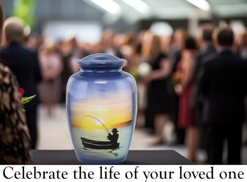 Fishing Urn - Full Size Gone Fishing Cremation Urn - Adult Urns for Men and Women – Fisherman Funeral and Memorial Urns for Human Ashes Upto 210 Lbs with Velvet Bag (Large)
