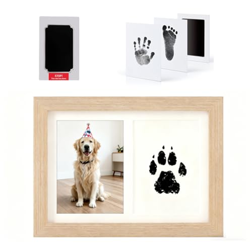 Paw Print Kit with Memorial Photo Frame No-Mess Clean Touch Ink Pad for Dogs & Cats, Dog Paw And Nose Print Keepsake imprint card Pet Print Paw Frame Kit (wood tone)