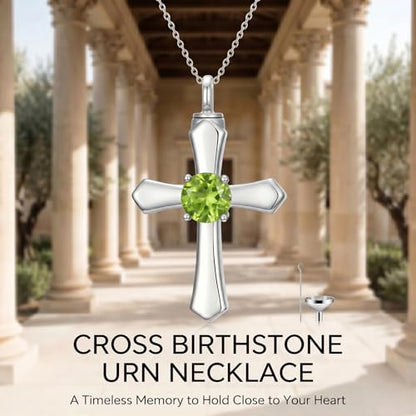 YYB Urn Necklace for Ashes Women Heart Birthstone Cross Cremation Jewelry | Memorial Keepsake Funeral Jewelry for Loved Ones (with Funnel Filler) - color: 08--Peridot August