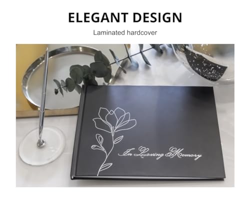 M&L STORE Funeral Guest Book with Silver Pen and Pen Holder – Memory Book for Celebration of Life with Elegant Design, 210 Guest Entries with Name & Address, 82 Pages, 10.2x7.8″, Black, Negro, FGB001