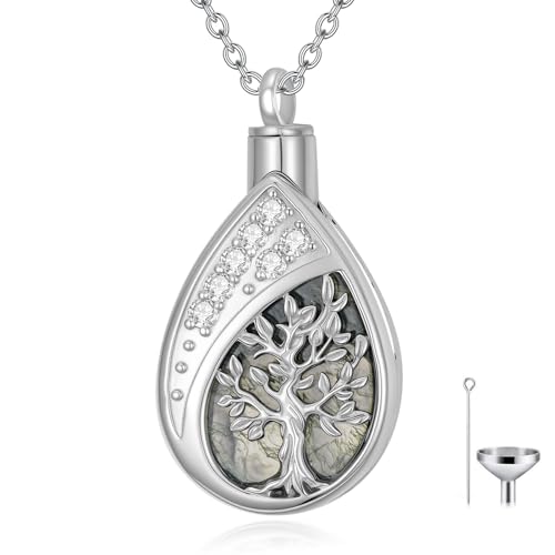 Diamond Tree of Life Urn Necklace for Ashes 925 Sterling Silver Family Tree of Life Cremation with Funnel Filler Ash Holder Keepsake Memorial Jewelry Gifts for Women,18+2 inch - style: Style 0-Moss Agate