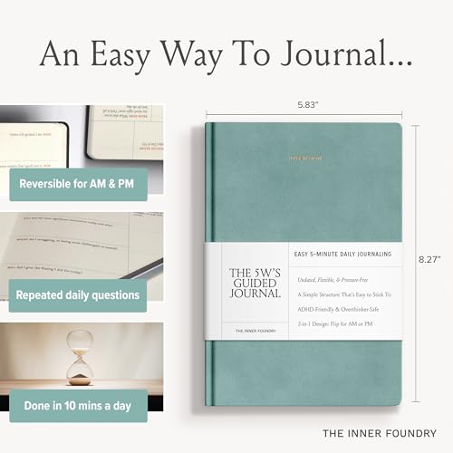 Quick & Easy Daily Guided Journal for Women | Low Pressure Self-Care and Wellness Journal with Prompts – 2 Sided AM & PM Entries and Brain Dump | Anxiety Relief Item & ADHD Friendly Gift - The 5W's Guided Journal - color: Duck Egg Blue