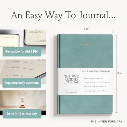 Quick & Easy Daily Guided Journal for Women | Low Pressure Self-Care and Wellness Journal with Prompts – 2 Sided AM & PM Entries and Brain Dump | Anxiety Relief Item & ADHD Friendly Gift - The 5W's Guided Journal - color: Duck Egg Blue