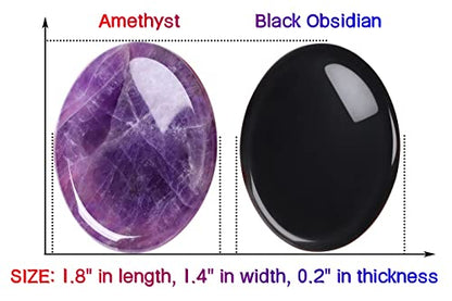 QINJIEJIE 2PCS Thumb Worry Stone for Anxiety Healing Crystals Pocket Hug - color: B-amethyst & Black Obsidian