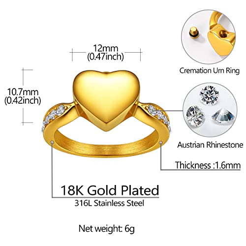 Richsteel Stainless Steel Heart/Claddagh Cremation Urn Ring for Ashes - color: 05-Gold-Heart-Personalized