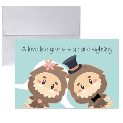 Funny Wedding Card for Newlyweds – Rare Sighting Silly Big Foot Themed Greeting for Bride and Groom Wedding Day- Congratulations to the Happy Couple 4X6 inch Card with Silver Envelope Included - style: Bigfoot