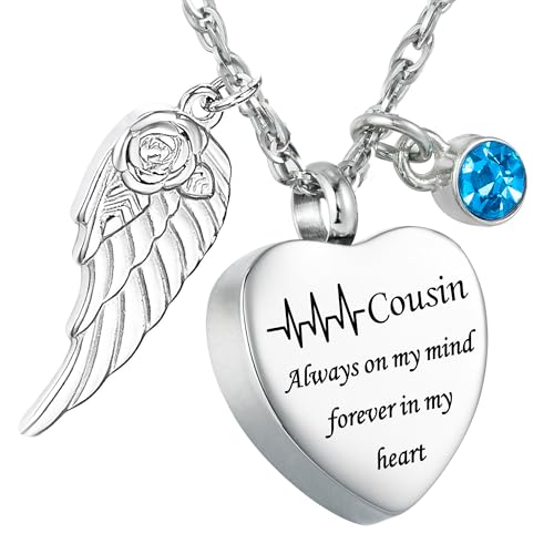 Gredstar Heart Urn Necklace for Ashes, ECG Memorial Pendant | Heartbeat Line, Angel Wing, 12 Birthstones, Stainless Steel, Screw Closure, Funnel & Box Included - style: Cousin