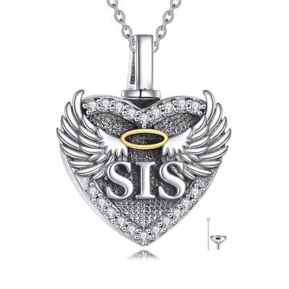 Family Members Urn Necklace for Ashes 925 Sterling Silver Angel Wings Heart Cremation Memorial Keepsake Pendant Jewelry for Loved One's Ashes, with 18" + 2" Stainless Steel Chain - style: Heart-Sister