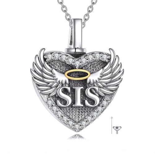 Family Members Urn Necklace for Ashes 925 Sterling Silver Angel Wings Heart Cremation Memorial Keepsake Pendant Jewelry for Loved One's Ashes, with 18" + 2" Stainless Steel Chain - style: Heart-Sister