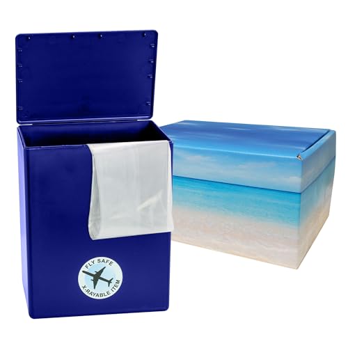 Seashore Themed TSA Approved Fly-Safe and Temporary Travel Cremation Urn Kit for Human Ashes - Airline and Mail Friendly - 200 Cubic Inch Capacity - Blue Plastic Urn with Seascape Mailing Box - color: Seashore