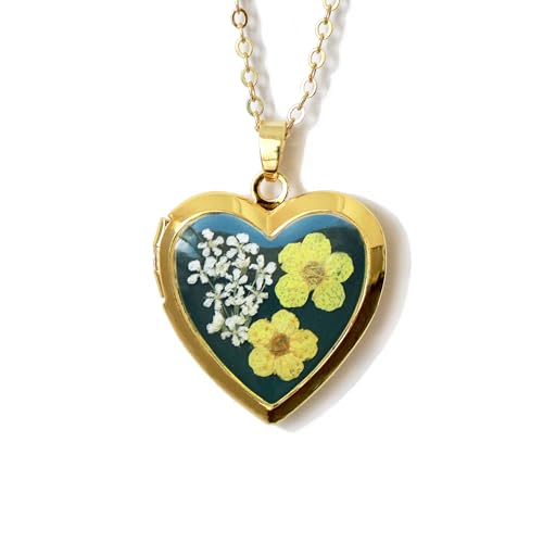 Handmade Heart Shaped Dried Pressed Forget Me Not Flower Photo Locket Pendant Necklace - color: Gold, style: YELLOW+DG