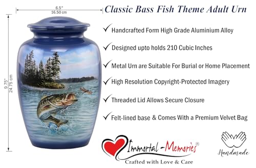 Gone Fishing Bass Cremation Urn – Adult Urn for Human Ashes up to 210 lbs – Fisherman Tribute Memorial Funeral Urn for Men and Women – Full Size Bass Fish Urn with Velvet Bag (Large) - size: Large (Bass)