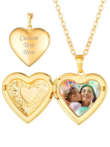 Custom4U Personalized Heart Locket Necklace with Pictures,Sunflower/Angel Wings/Heart Shaped Lockets Custom Photo,Gold/Rose Gold/White Lockets That Holds Picture,Customized Memorial Jewelry for Women - color: B-Heart-Gold(Locket + Photo + Engraving)