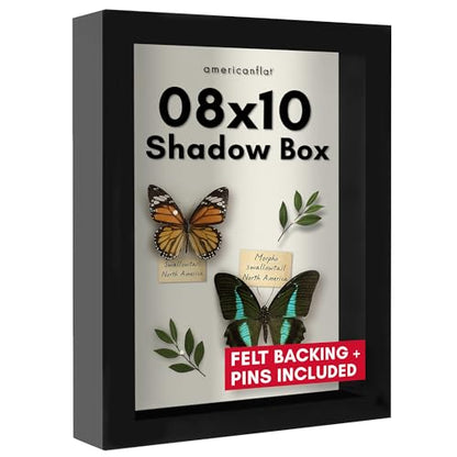 Americanflat 8x10 Shadow Box Frame with Shatter-Resistant Glass - Silhouette Collection - Large Shadow Box Display Case for Tabletop and Wall Display - Black with Soft Felt Back | Shatter-resistant glass, 1.5 inch interior depth, hangs vertical or horizon
