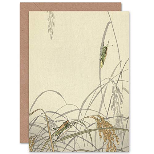 Artery8 Ohara Koson Grasshoppers On Rice Plants Painting Fine Art Greeting Card Plus Envelope Blank Inside - color: Grasshoppers