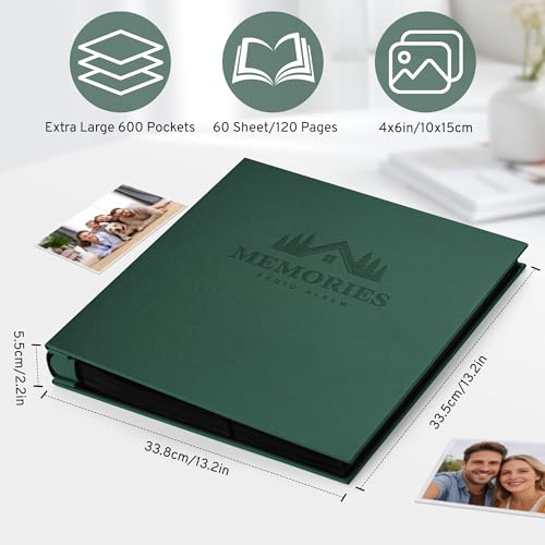 DazSpirit 4x6 Photo Album, 600 Pockets, Leather Cover, Slip-In Pages | Embossed Leather Cover, Extra-Large Memory Book for Wedding, Baby, Anniversary and Family Photos, Dark Green - color: Dark Green