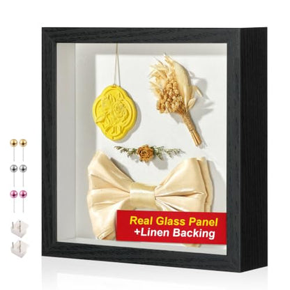 11x11 Shadow Box Frame with Shatterproof Clear Glass & Push Pins - color: Black+foam Back+foam Packaging, size: 11x11