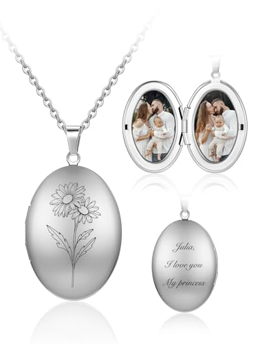 Custom Photo Locket Necklace Women Personalized Text Birth Flower Necklace that Hold Picture Stainless Steel Memorial Jewelry for Mothers Day Christmas - color: Silver