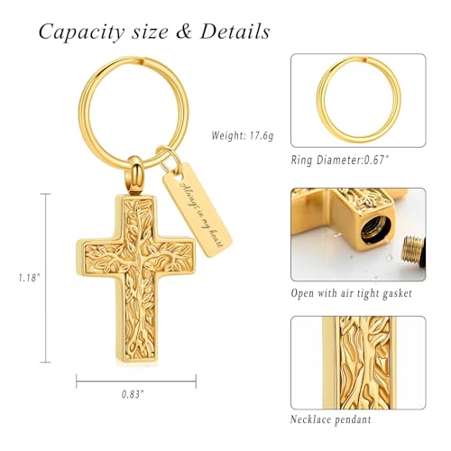 XSMZB Cross Urn Necklace for Ashes for Women Men Tree of Life Cross Cremation Jewelry Keepsake Pendant for Ashes of Loved One - color: Gold Keychain