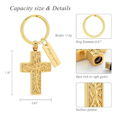 XSMZB Cross Urn Necklace for Ashes for Women Men Tree of Life Cross Cremation Jewelry Keepsake Pendant for Ashes of Loved One - color: Gold Keychain