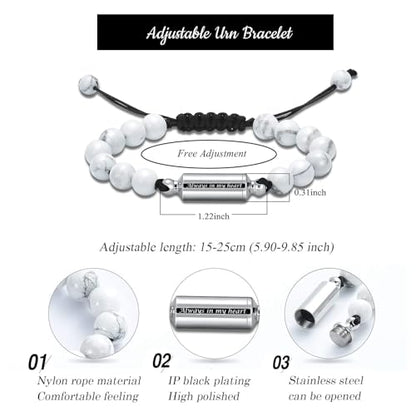 Hearbeingt Cremation Jewelry Urn Bracelet for Ashes Braided Rope Beads - color: White-Always in my heart