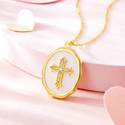 18K Gold Cross Locket Necklace for Women Holds Photo Necklace with Personalized Picture Necklaces Pendant 18 Inch Birthday Mother's Day for Women - color: Personalized Necklace