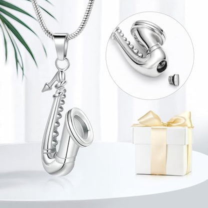 memorial jewelry Music Urn Saxophone Horn Chain Necklace Cremation Ash Keepsake Pendant - color: Silver