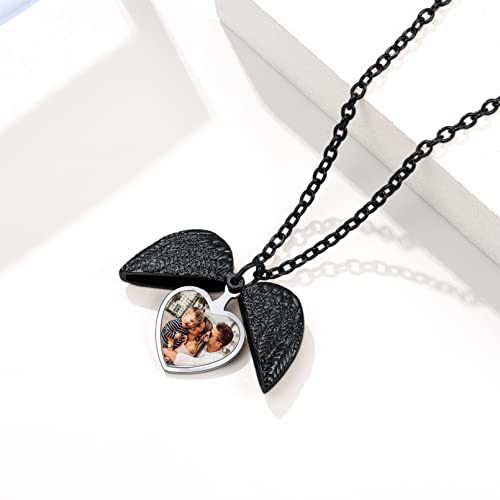 Custom4U Personalized Heart Locket Necklace with Pictures,Sunflower/Angel Wings/Heart Shaped Lockets Custom Photo,Gold/Rose Gold/White Lockets That Holds Picture,Customized Memorial Jewelry for Women - color: C-Angel Wings-Black(Locket + Photo + Engraving