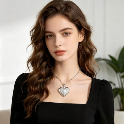 Heart Locket Necklace Pendant Dainty Memorial Keepsake Locket Necklace That Holds Pictures Stainless Steel Heart Photo Box Necklace for Women Lover Mother Father Daughter Son Fashion Jewelry Gifts - color: 01Silver