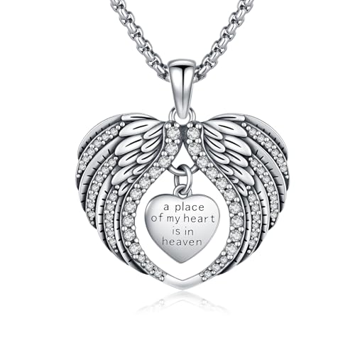 TUGHRA Memorial Necklace for Women Men, Angel Wings Heart Pendant 925 Sterling Silver A Piece of My Heart Is In Heaven Charm Necklace Sympathy Gift - style: 02-Platinum Angel Wings