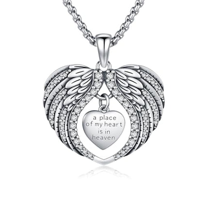 TUGHRA Memorial Necklace for Women Men, Angel Wings Heart Pendant 925 Sterling Silver A Piece of My Heart Is In Heaven Charm Necklace Sympathy Gift - style: 02-Platinum Angel Wings