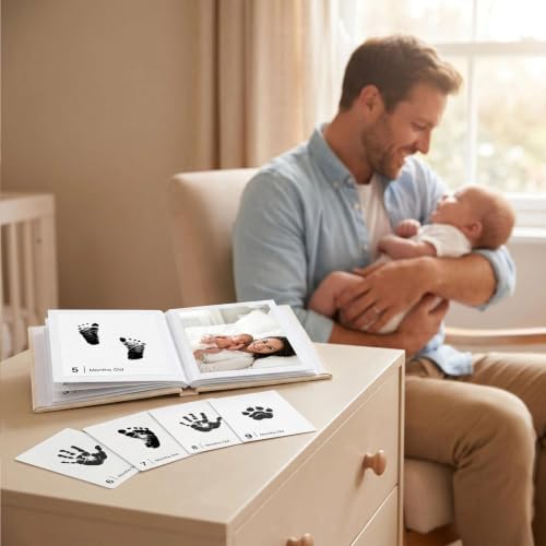 15 Pack Little Lullaby Inkless Milestone Cards Baby Hand and Footprint Kit 12 Months Newborn Memory Book Keepsake Ink Pad for Handprints Footprints (White Box + Beige Photo Album) - style: White Box + Beige Photo Album