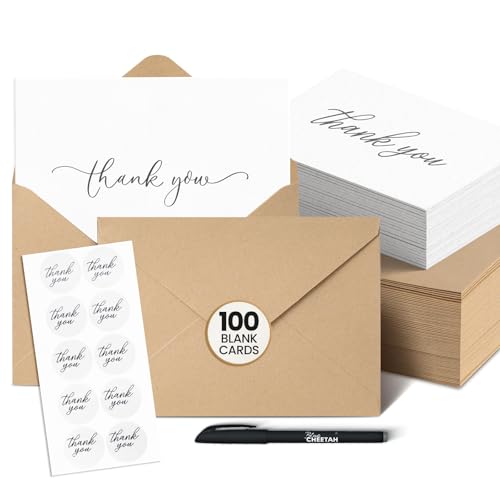 100 Pack Thank You Cards with Envelopes 100 Pack - 4x6 Thank You Cards with Envelopes for Baby Shower, Weddings, Birthdays, Graduations and Small Business with 120 Stickers & Free Pen (White & Black) - color: White With Black, size: 100 pack
