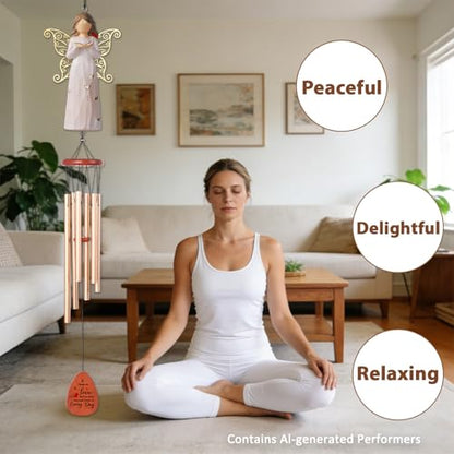 Angel Memorial Wind Chime, Sympathy Gifts for Loss of Loved One with Engraved Wood Plaque & Angel, Bereavement Condolence Remembrance Gifts for Loss of Mom Dad Friend or Family