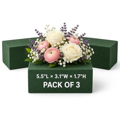 Florables Wet Floral Foam Blocks (5.5" L x 3.1" W x 1.7" H, Pack of 3) – Green Foam for Flower Arrangements, Floral Foam Base & Bouquet Foam for Fresh Flowers, Wedding Flower Arranging Supplies - size: Small pack of 3