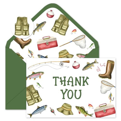 FYSUIMU 24Pcs Fishing Thank You Cards Fishing Rod Fishnet Note Card with Envelopes Stickers Green Blank Greeting Card for Fish Party Birthday Supplies - style: Fishing Rod