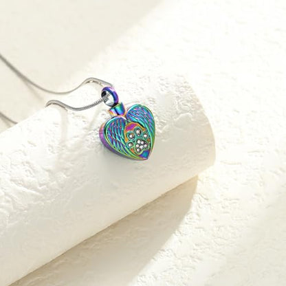 Heart Paw Print Urn Necklace for Ashes for Pet Stainless Steel Pendant - color: Colorful