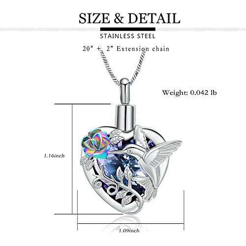 Yinplsmemory Hummingbird Cremation Jewelry Crystal Heart Urn Ashes Necklace for Women Men Memorial Keepsake Necklace of Loved One - color: Purple-Rainbow